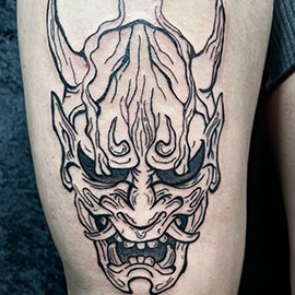 Custom Fine Line Oni Mask by sheila.tattoos - Lights Out Tattoo Santa Cruz CA