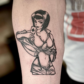 Custom Faye Valentine Anime Blackwork Illustration design by sheila.tattoos Lights Out Tattoo Santa Cruz CA