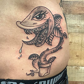 Custom Venus Fly Trap Design, blackwork by sheila.tattoos Lights Out Tattoo Santa Cruz CA