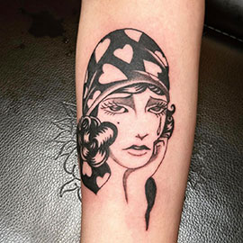 Custom Neo Traditional sad girl Blackwork design tattooed by sheila.tattoosLights Out Tattoo Santa Cruz CA