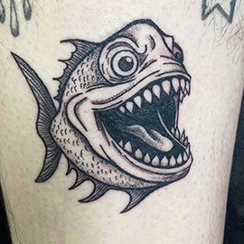 Custom Piranha Blackwork tattoo design by sheila.tattoos - Lights Out Tattoo Santa Cruz CA
