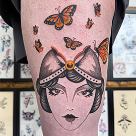 Custom Woman Butterfly Fineline Blackwork Color Tattoo Design by sheila.tattoos Lights Out Tattoo Santa Cruz CA